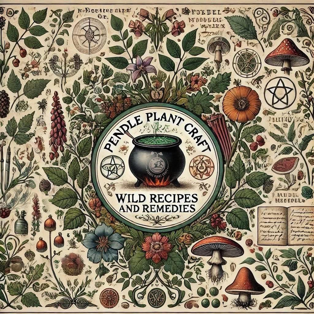 Front cover of the wild recipes book with illustrations of plants being put into a witches coloudren